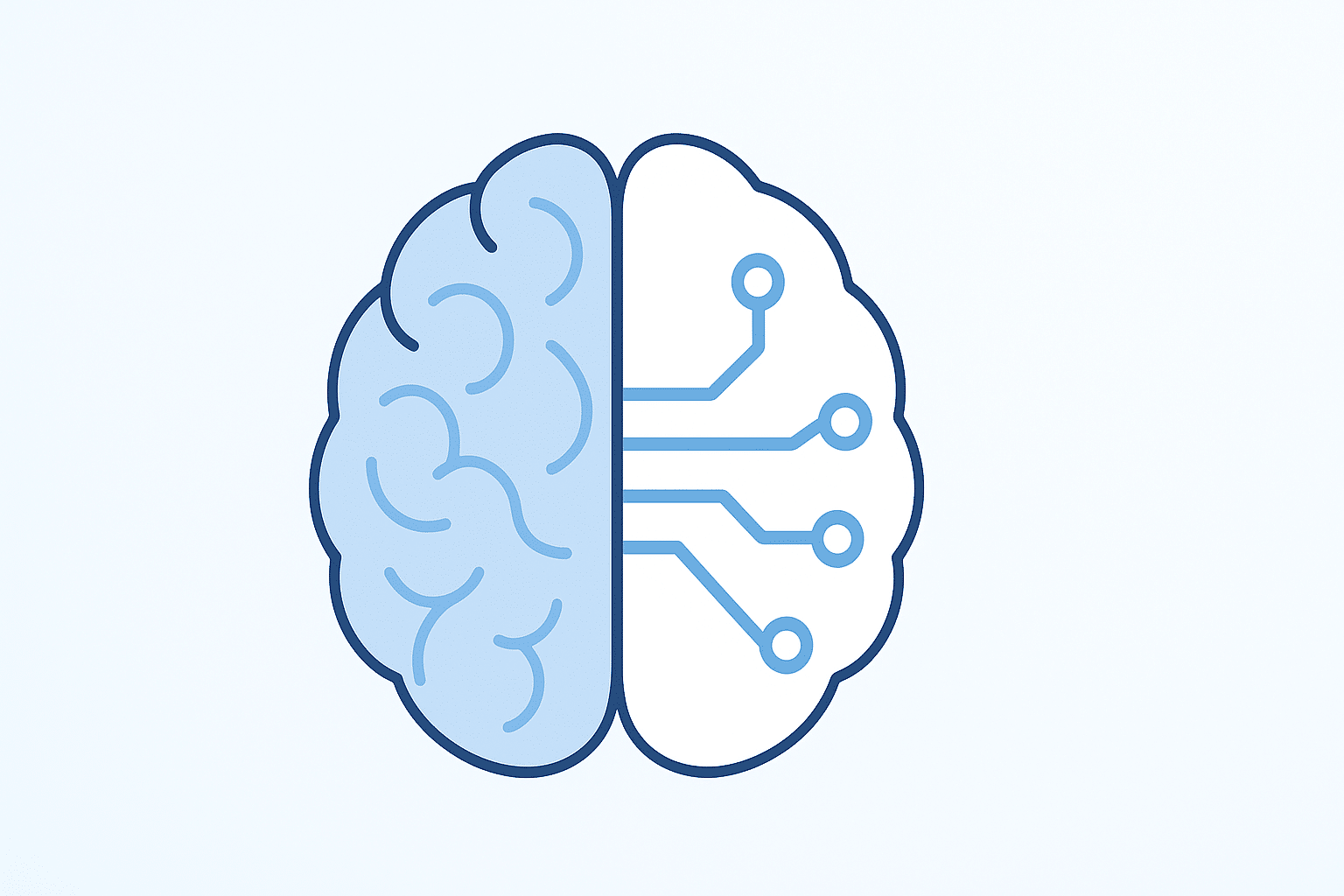 AIQ™ Human and Digital Decision-Making Styles Vector split brain showing human folds and AI circuit patterns, representing style-aligned coaching that blends psychology with artificial intelligence